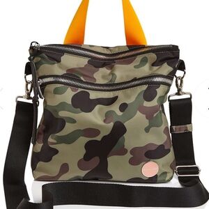 Trendy Camouflage Crossbody Bag with Orange Accents